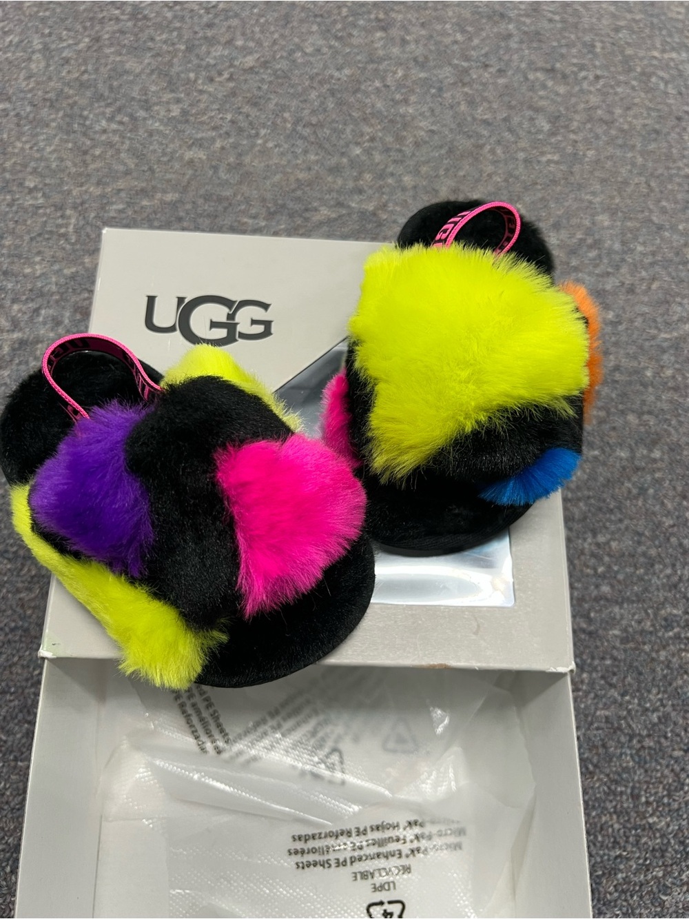 UGG Black Fur Slide Sandals with Neon Yellow, Hot Pink & Purple Accents